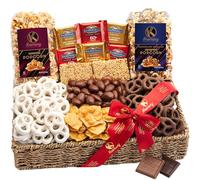 KREMERY Cravings - Mothers Day, Covered Pretzels & Caramel Popcorn Gift Basket, in Seagrass Tray + Ribbon (Deluxe, 3.5 lbs) Birthday Care Package - Kosher Dairy, USA Made