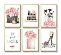 KRENIE 6 Pcs Pink Wall Art Canvas - Fashion High Heels Perfume and Makeup Room Decor - Leopard Print Pictures for Bedroom Walls - Unframed 8x12 Inch Girls Wall Art for Home Décor
