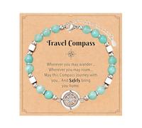 KRENIE Natural Stone Bead Bracelet with Compass Charm Message Card - 6mm Safe Travels Gift - Adjustable Accessory Gift for Travel and Everyday Wear