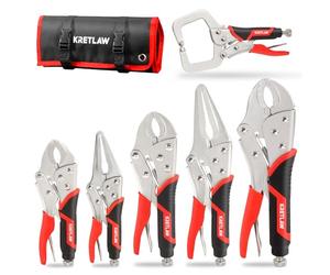 KRETLAW Locking Pliers Set 6PCs, Mole Grips Adjustable Wrench Vice Grips Pliers, 6-1/2”&9-1/2” Long Nose, 5”, 7” and 10” Curved Jaw, 6” C-clamp Locking Pliers with Rolling Pouch