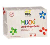 KREUL 28420 Mucki Fabric Finger Paint, Vibrant Water-based Colours for Children from 2 Years, 6 x 150 ml White, Yellow, Red, Green, Blue, Purple