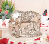 KridayKraft Metal Kamdhenu Cow & Calf with Bal Gopal Krishna Statue for Good Luck (Silver, 19 x 13.5 x 17 cm)