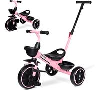KRIDDO 2-in-1 Toddler Tricycle for Ages 18 Months to 5 Years Old - Extended Push Handle for Effortless Push, Gift Trike for Toddler 3 to 5 Year, Kids Tricycle with Foldable Front Footrest, Pink