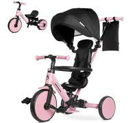 KRIDDO Toddler Trike 1.5-5 Years with Parent Steering Handle & Canopy, Pink | Convertible Kids Tricycle & Balance Bike with Storage Bag, Guardrail & Safety Harness, Toddler Bike Gift for Boys & Girls