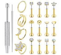 Kridzisw 20G Flat Back Nose Ring Stud Piercing Jewelry Surgical Stainless Steel Threadless CZ Nose Nostril Ring Cartilage Helix Tragus Conch Stud Earring Labret Medusa Monroe Lip Women Men Gold 6mm