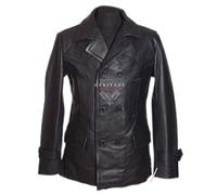 Kriegsmarine Black Men's German Reefer WW2 Cowhide Leather Deck Jacket Pea Coat (XL)