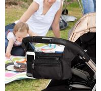 Kripyery Baby Pushchair Organiser, Adjustable Shoulder Strap Detachable Zippered Pocket 2 Insulated Cup Holder Large Caddy Parent Console Bag for Buggy Accessories Supplies Black