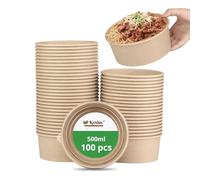 KRISHIV Kraft Paper Salad Bowls with Lids - Round Disposable Food Containers for Hot & Cold Meals, Leakproof & Eco-Friendly Takeaway Packaging Pack of (100, 500ML (15cmx15cmx4.5cm))