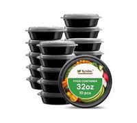 KRISHIV Meal Prep Containers 32oz BPA-Free Reusable Food Storage Containers with Airtight Lids Stackable Bento Boxes Round Black Lunch Containers Microwave Freezer Dishwasher Safe (10)