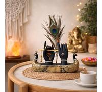 Krishna Hand with Flute & Peacock Feather Idol for Home Decor Gift, Office & Living Room, Peacock Showpiece with Flute, Lord Laddo Gopal Figurine Murlidhar, Kanhaiya, Makhan Chor, Diwali Decoration