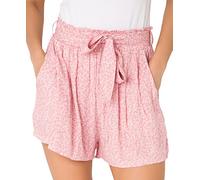 KRISP Women Tie Belted Waist White Leaf Print Shorts (Pink White Leaf, S) 11090-PNK-S