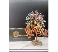 KRISTALGLOBE Seven Chakra Crystal Tree of Life - 300 Natural Gemstone Chips - Handmade Bonsai Tree for Positive Energy - Pure Copper Wire, Agate Slice Base - Gifts for Women