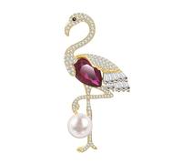 KristLand Flamingo Brooch with Gold Tone Metal Body Featuring Purple Teardrop Crystal Stone Fully Adorned with Rhinestones Standing on White Pearl Elegant Jewelry Gift for Women
