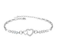 KristLand Heart Silver Bracelet for Women 925 Sterling Silver Bracelet Sparkly Cubic Zirconia Double Heart Hand Chain Gold Plated Adjustable Silver Bracelet for Ladies