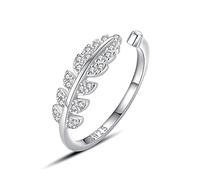 KristLand S925 Sterling Silver Women Ring Olive Leaf Adjustable Open Ring with Clear Cubic Zirconia Stone Jewelry Wedding Birthday Gift for Ladies Girls