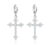 KristLand Silver Tone Full CZ Cubic Zirconia Stone Elegant Sexy Cross Gothic Hoop Piercing Drop Earrings with White Gold Plated for Women White