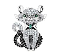 KristLand - Silver Tone Vintage Rhinestone Bownot White and Black Cat Brooch for Women Austrian Crystals Animal Broche Corsage Pins