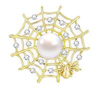 KristLand Spider Web Brooch Gold Plated Sparkly Crystal Stone Rhinestone Pearl Corsage Pin Jewelry Party Birthday Gift Box Women Men
