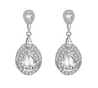 KristLand Women Studs Earrings White Gold Plated Teardrop Dangle Earrings Prong Cubic Zirconia Jewelry/Birthday Gift for Ladies Girls