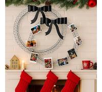 Kritkin 2 Pcs Christmas Card Holder Xmas Photo Holder Display Garland Wall Hanging Decoration Spiral Metal Wreath with Bow Wire Loop Greeting Card Display Picture Insert Holiday Wall Decor(Black)