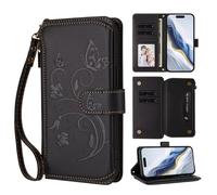 KRjcsfhy for Xiaomi Redmi 9/Xiaomi Poco M2 Case, Flip PU Leather Embossed Buttrefly Flower Zipper Shockproof Book Wallet Phone Cases Folio Magnetc Protective Cover with Stand Card Holder Slots,Black
