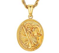 KRKC&CO 2.5mm St Christopher Necklace for Men Women, 22" Pendant Necklace Protector Talisman, Coin Medallion, 18K Gold Plated Saint Christopher Necklace with Pendant, Gift for Men Husband Son Father