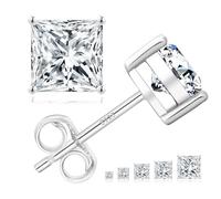KRKC&CO Moissanite Studs Earrings for Women, Lab Created Princess Cut Diamond White Gold Plated Earring with Gift Box, 925 Sterling Silver D Color VVS1, 0.6ct-2ct Brilliant Jewelry For Her