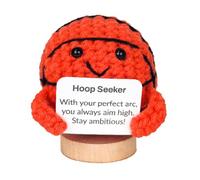 Kroc4vani Funny Mini Crochet Basketball with Wooden Base - Hoop Seeker Handmade Desk Decor, Positive Card Creative Birthday Cheer Up Gift for Teens Boys Men Women