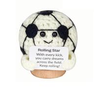 Kroc4vani Funny Mini Crochet Soccer with Wooden Base - Rolling Star Handmade Soccer Desk Decor, Positive Card Creative Birthday Cheer Up Gift for Teens Boys Men Women