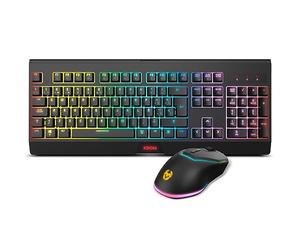 KROM KABALA Rainbow RGB Backlit Membrane Wireless Keyboard Kit, 6 Keys Anti-Glare Wireless Optical Mouse 6 Levels DPI 800-4800 On the Fly, Spanish Layout Black