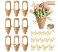 Kronabelle Kraft Paper Bouquet Bags, Floral Wrapping Bags for Wedding, Gift Flower Bags with Handles, 3D Gold Butterfly Stickers, Burlap Ribbon 48 Pcs