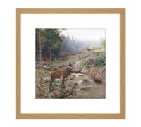 Kroner Herd Red Deer Forest Glade Painting 8X8 Inch Square Wooden Framed Wall Art Print Picture with Mount Artery8 Light Oak One Size