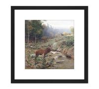 Kroner Herd Red Deer Forest Glade Painting 8X8 Inch Square Wooden Framed Wall Art Print Picture with Mount Artery8 Black One Size