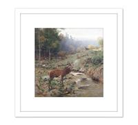 Kroner Herd Red Deer Forest Glade Painting 8X8 Inch Square Wooden Framed Wall Art Print Picture with Mount Artery8 White One Size