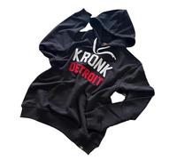 Kronk Iconic Detroit Chain Stitch Hoodie - Black - Loose Fit Heavyweight Pullover Hoodie - Terryloop Cotton Blend with the Iconic Detroit Retro Boxing Gym Logo