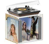 kroucoco Wall Mount Vinyl Record Storage, Record Player Stand, Metal & Wooden 3-Compartment Record Holder, Record Crate Storage for Albums, Files, CD, Magazine, Holds up to 80 Records (Gold＆White)