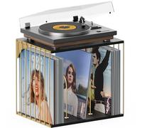 kroucoco Wall Mount Vinyl Record Storage, Record Player Stand, Metal & Wooden 3-Compartment Record Holder, Record Crate Storage for Albums, Files, CD, Magazine, Holds up to 80 Records (Gold＆Black)