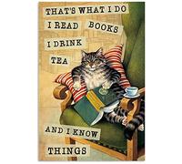 Krouterebs New Cat Read Books Drink Tea Text Metal Tin Sign for Home and Kitchen Bar Man Cave Cafe Garage Wall Decor 12x8 Inch