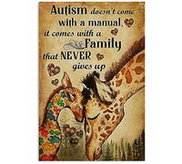 Krouterebs New Giraffe Autism Comes with A Family That Never Give Up Metal Tin Sign for Home and Kitchen Bar Man Cave Cafe Garage Wall Decor 12x8 Inch
