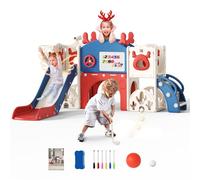 Krovtoy 7 in 1 Toddler Slide - Christmas Elk Theme with Golf Set, Thickened & Widened Baby Slide for Toddlers 1-3 Years Old (Blue and Red)