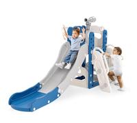 Krovtoy Toddler Slide Thickened & Widened Kids Slide,170cm extra-long slideway, Climber Kids Slide with Basketball Hoop, Storage Box, Indoor Outdoor Freestanding Slider (5 in1 blue gray)