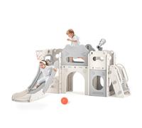 Krovtoy Toddler Slide Thickened & Widened Kids Slide,170cm extra-long slideway Kids Slide with Basketball Hoop, Storage Box and Toddler Climber, Indoor Outdoor Freestanding Slider(7in1 beige gray)