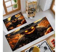KRSAZCM Animation Style Non Slip Kitchen Rug Set 2 Pieces, Washable Ghost Scarecrow Pumpkin Kitchen Floor Mat, Dark Standing Mats For Office Home Decoration, 50X80Cm+50X120Cm