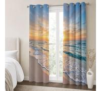 KRSAZCM Beach Sunrise Blackout Eyelet Curtains, Coastal Scenery Soundproof Curtains Interior Insulation, W66×L72(2 Panels) For Living Room Playroom Office - Coral Orange