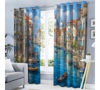 KRSAZCM Blackout Curtain Romantic Scenery Grommet Drapes, Noise Reducing Light Blue Print Seaside Canal Town Eyelet Curtain For Living Room Bedroom Kids Room Window Decor W52 X L84(2 Panels)