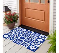 KRSAZCM Blue Door Mats Indoor, Checkered Moroccan Tile Style Machine Washable Soft Doormats, Geometric Flowers Absorbent Entrance Rug, Non-slip Floor Mats For Inside, Front Back Door - 80 x 120 cm