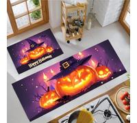 KRSAZCM Cartoon Fun Kitchen Rug Set 2 Piece, Pumpkin Lantern Witch Hat Non-Slip Comfort Machine Washable, 44X75Cm+44X120Cm Stain-Resistant Floor Mat For Kitchen Next To Sink - Dark Purple