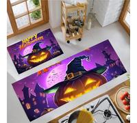 KRSAZCM Dark Fantasy Kitchen Rug Set 2 Piece, Pumpkin Lantern Witch Hat Non-Slip Comfort Machine Washable, 44X75Cm+44X120Cm Stain-Resistant Floor Mat For Kitchen Next To Sink - Purple