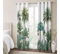 KRSAZCM Dark Green Blackout Curtains, Jungle Palm Trees Pattern Bedroom Curtains & Living Room Curtains W66×L90(2 Panels), Lush Vegetation Thermal Eyelet Drapes Decorative Window Treatments