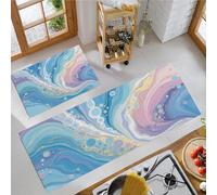 KRSAZCM Dreamy Fluid Art Kitchen Mat Sets Non-slip Durable Rug, Watercolor Splatter Texture 2 Pieces Washable Living Room MatsPowder Blue For Apartment Bedroom - 50x80cm+50x120cm